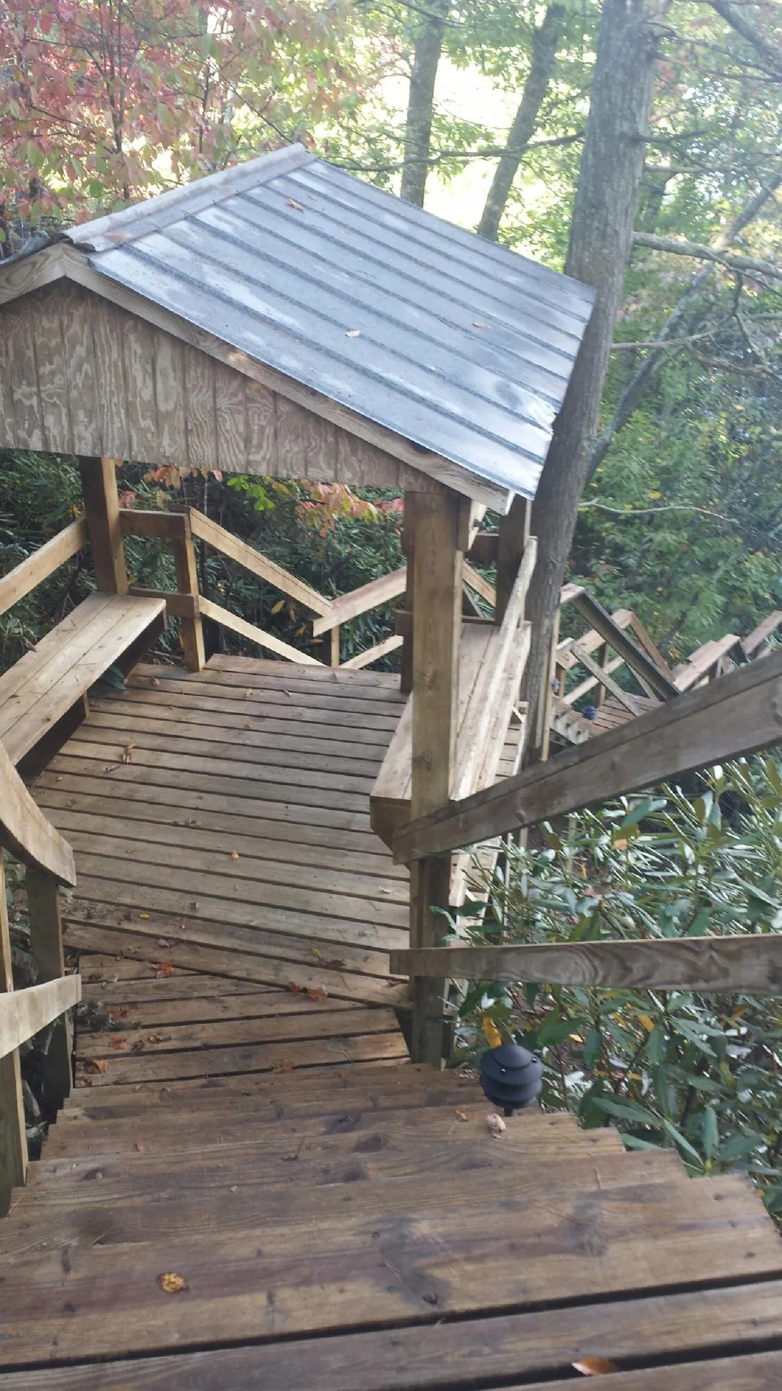 Metal roofed shelter over wooden steps on a wooded walkway — Skylight Repair & Installation work by our crew in Aiken
